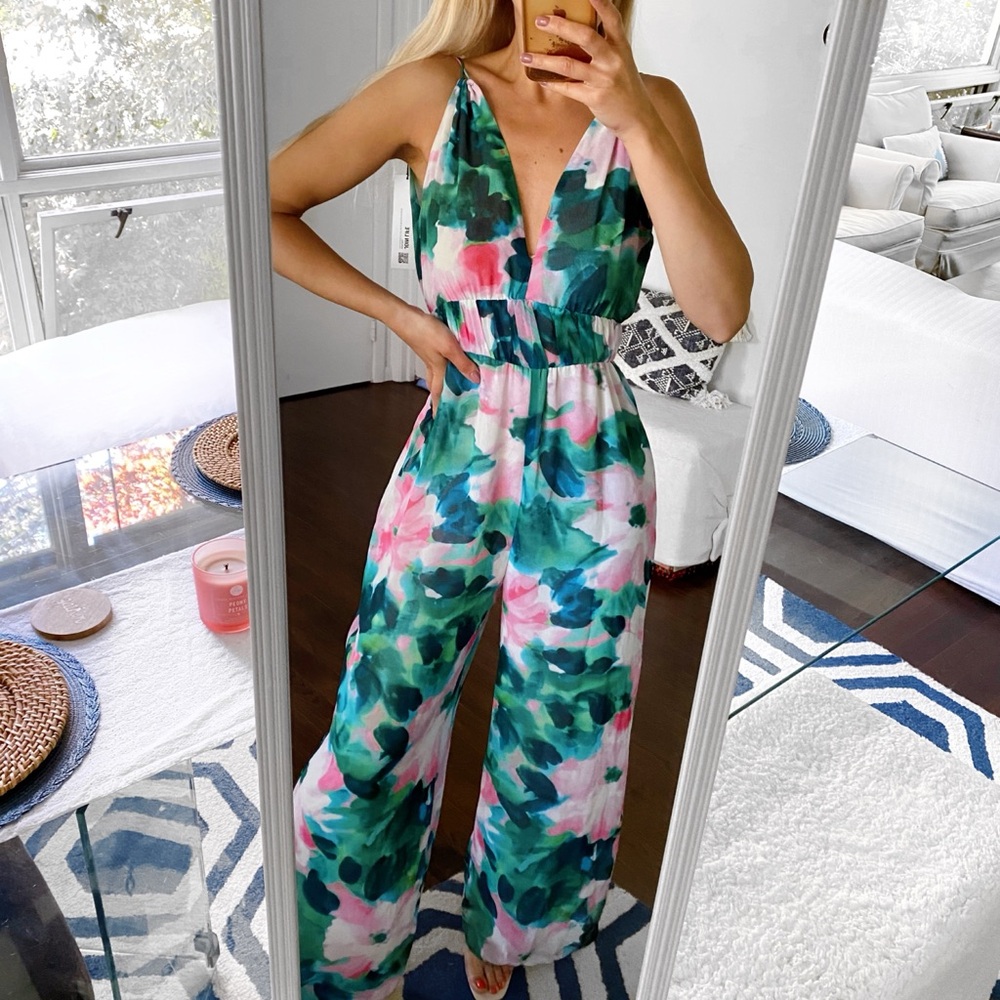 🦚 ZARA BOHO GREEN PINK MULTI FLORAL WIDE LEG JUMPSUIT!
